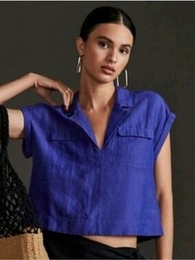 Anthropologie Linen Blend Boxy Crop Collared Shirt